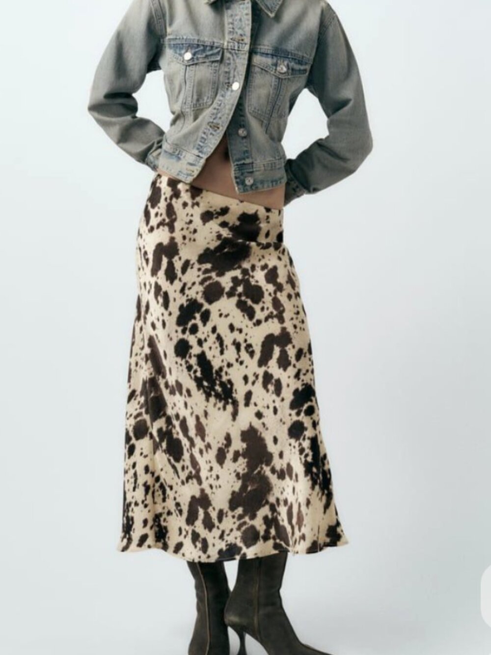 Zara Cow Print Satin Skirt with Belt Loops